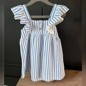 Zara Printed Jacquard Dress blue white stripe ruffle sleeve  12-18months